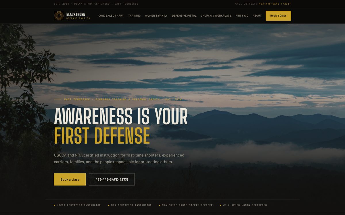 Homepage of Blackthorn Defense Tactics — dark cinematic site with gold typography over mountain ridgelines