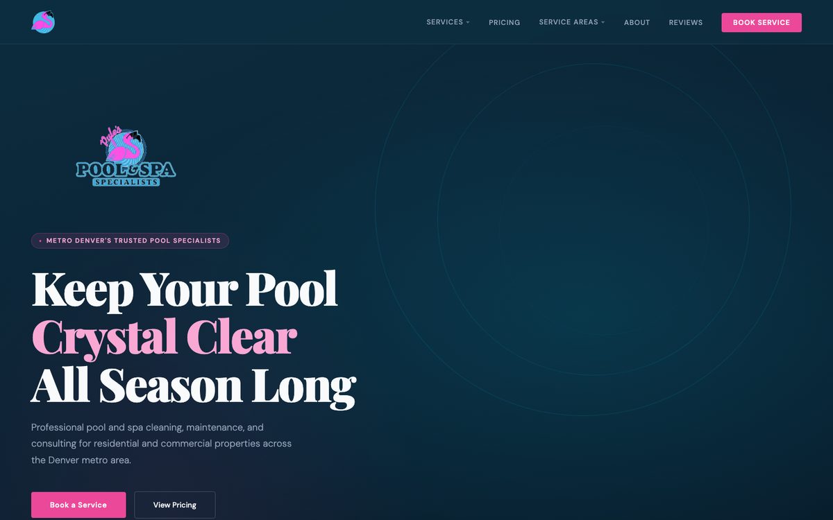 Homepage of Pyle's Pool and Spa Specialists — dark site with electric blue and pink accents